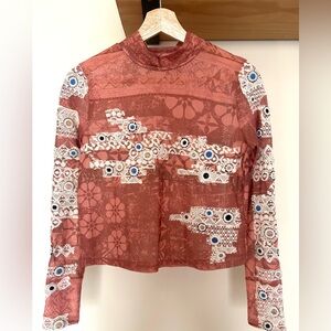 Y2K Sheer Long Sleeve Top with Lace and Sequin Embellishments Size Medium